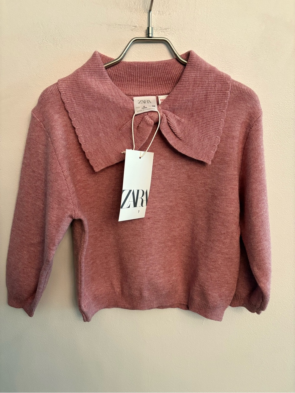 ZARA Pink Peter Pan Bow Collar Knit Sweater 2T
